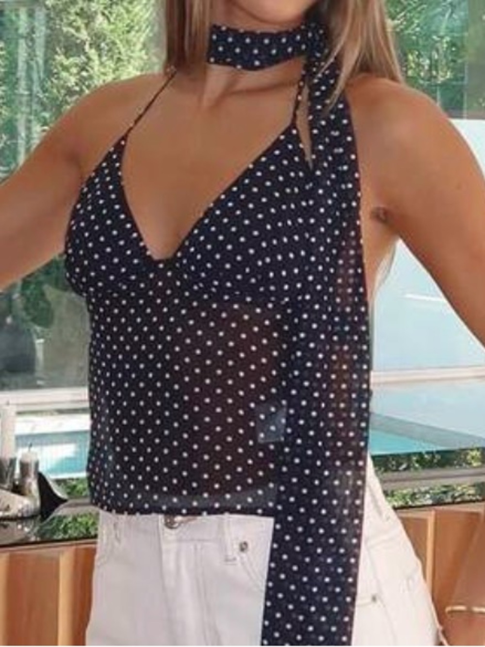 Polka Dot Halter Neck Sheer Tank Top - Black/White
